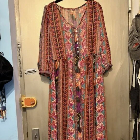 Boho Retro Chiffon Long Sleeve Geometric Floral Maxi Dresses - Picture 7 of 16